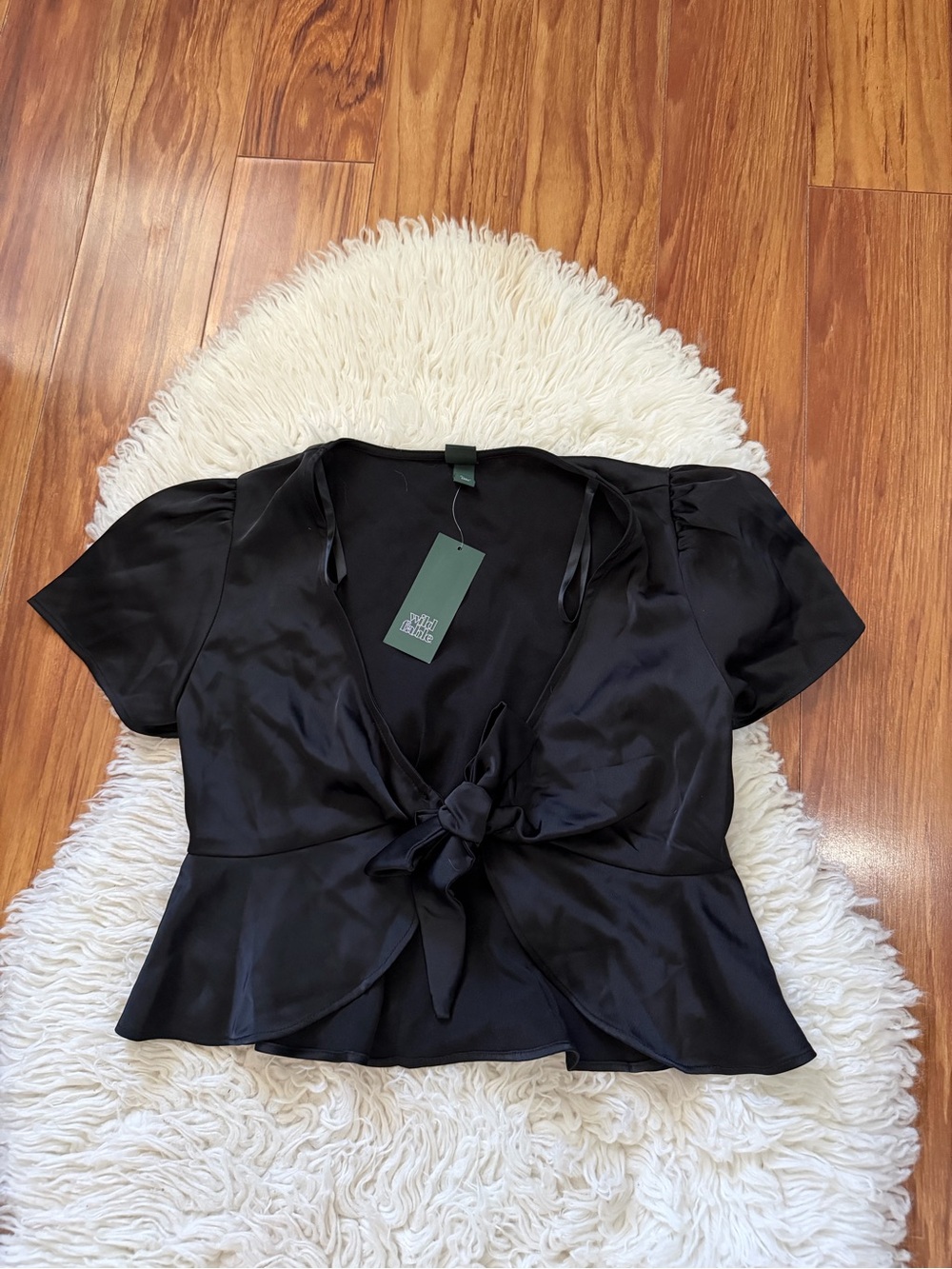 wild fable Black Satin Tie-Front Peplum Top